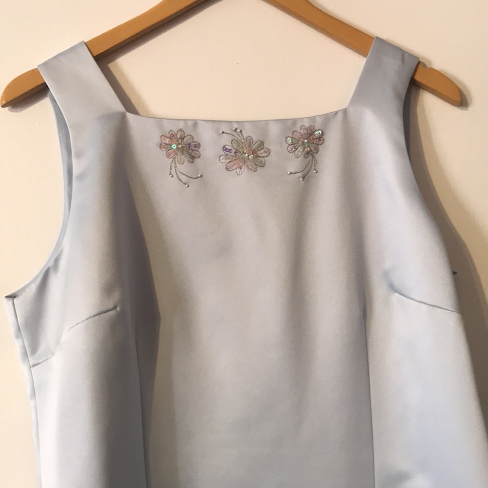 Vintage 90’s Floral Satin Sleeveless Square Neck Dress 14 Baby Spice Blue Y2k xl - Picture 5 of 17